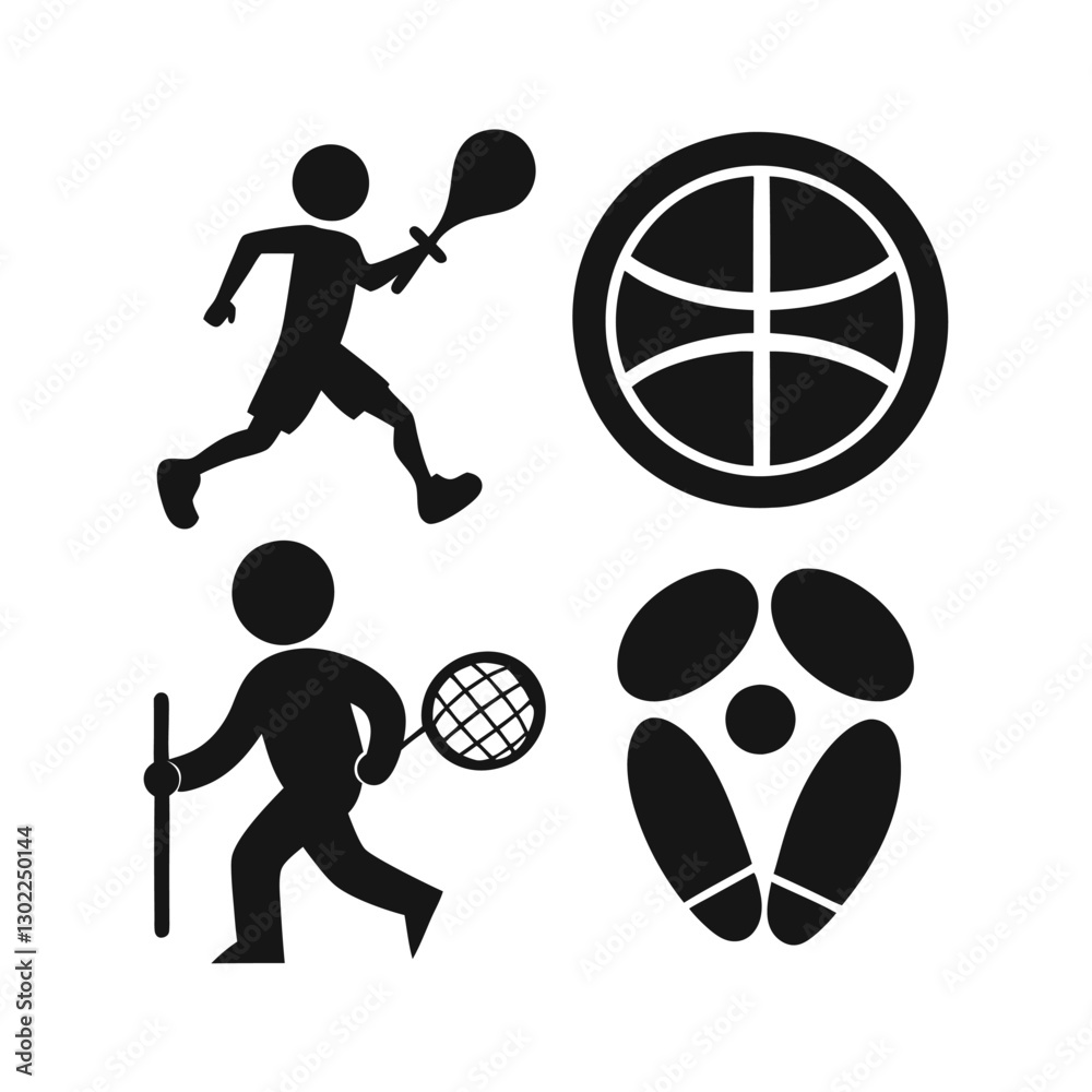 Fototapeta premium Silhouette set of sports icons including tennis player, ball, racket, and action illustrations in vector style
