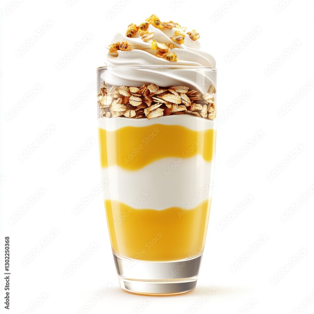 A modern Greek yogurt parfait with layers of yogurt, oats, and passionfruit pulp A modern Greek yogurt parfait with layers of yogurt, oats, and passionfruit pulp