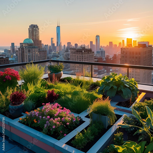 Urban rooftop garden at sunset
