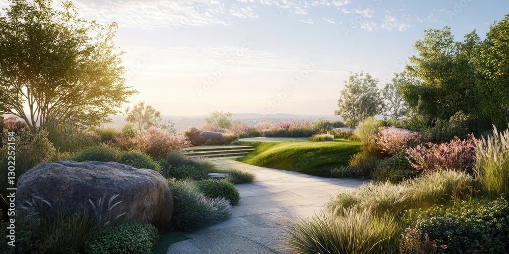 Serene garden path leads to beautiful landscape view ahead Serene garden path leads to beautiful landscape view ahead