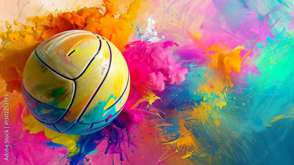 Colorful volleyball surrounded by vibrant paint splashes in yellow, pink, orange, and blue creating a dynamic and energetic artistic background