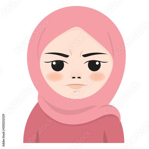 Angry cartoon illustration of a Muslim girl wearing a pink hijab. Her brows are furrowed and lips are pressed together, showing irritation or displeasure. Ideal for emoticons, avatars, reaction icons