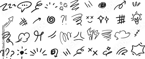 Set of black hand drawn doodle grunge line elements curved charcoal, chalk arrows, speech bubble, abstract shapes, graphic effects for character emotion.