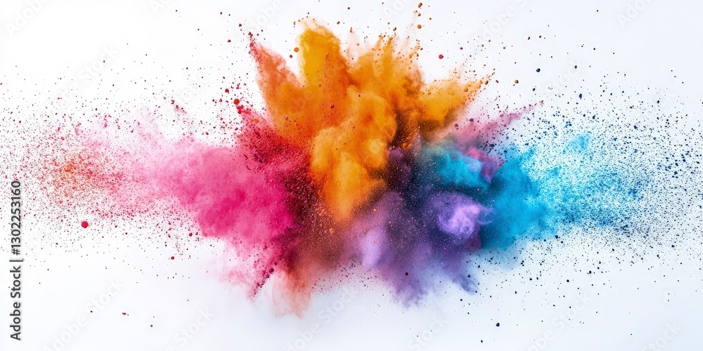 Colorful powder explosion on a white background, a flat-lay banner with copy space for a design template Colorful powder explosion on a white background, a flat-lay banner with copy space for a design template