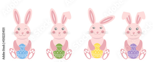 Colorful illustration of happy bunnies holding decorated easter eggs in various colors for a festive celebration