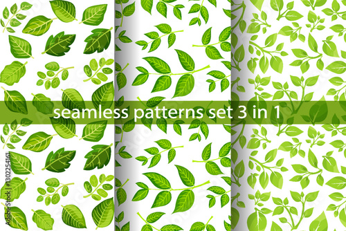 Seamless vector patterns featuring various green leaves in a fresh design suitable for textiles and backgrounds