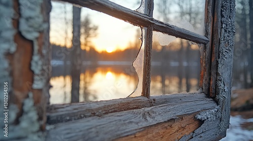 Frozen Winter Sunset Viewed Through Weathered Window Frame