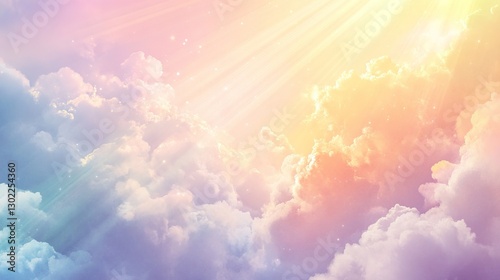 Soft Watercolor Sky with Pastel Clouds and Golden Rays of Light, Evoking Tranquility and Hope, Perfect for Motivational Branding, Wellness Campaigns, and Spiritual Designs.