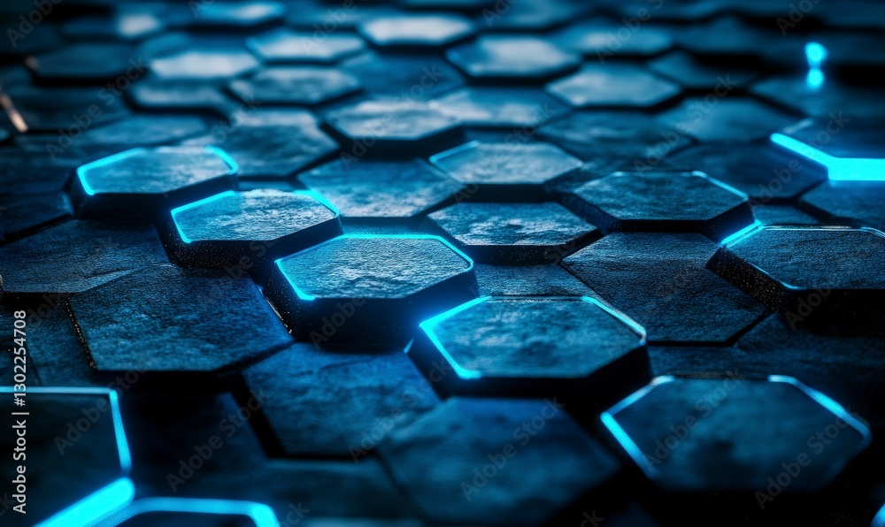 Obraz premium abstract background with blue glowing hexagons on a dark surface. Abstract futuristic wallpaper for design, presentation
