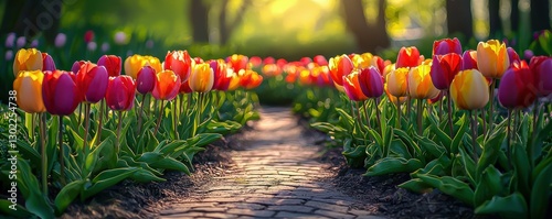 Vibrant Floral Tulip Fields Abound in Spring.