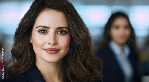 Professional woman smiling in office setting, exuding confidence and warmth