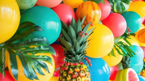 A birthday party with a tropical theme featuring palm leaves, colorful balloons, and fruit-themed party favors.