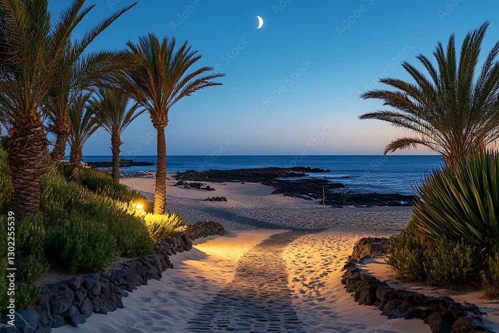 Fototapeta premium Beach path at night under crescent moon