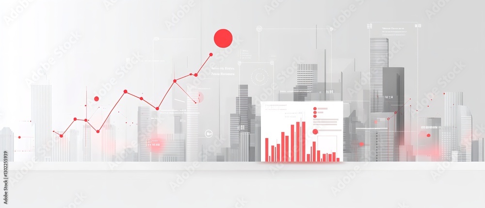 Fototapeta premium Urban Growth And Prosperity Visualized With A Dynamic Upward Trending Graph Against A Cityscape Backdrop Featuring Subtle Red And Gray Tones