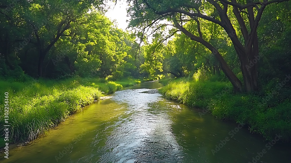 Serene River Flowing Through Lush Summer Forest AI Generated Serene River Flowing Through Lush Summer Forest AI Generated