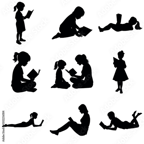 A set of People reading book vector silhouette, isolated, student, girl, kids, vector silhouette