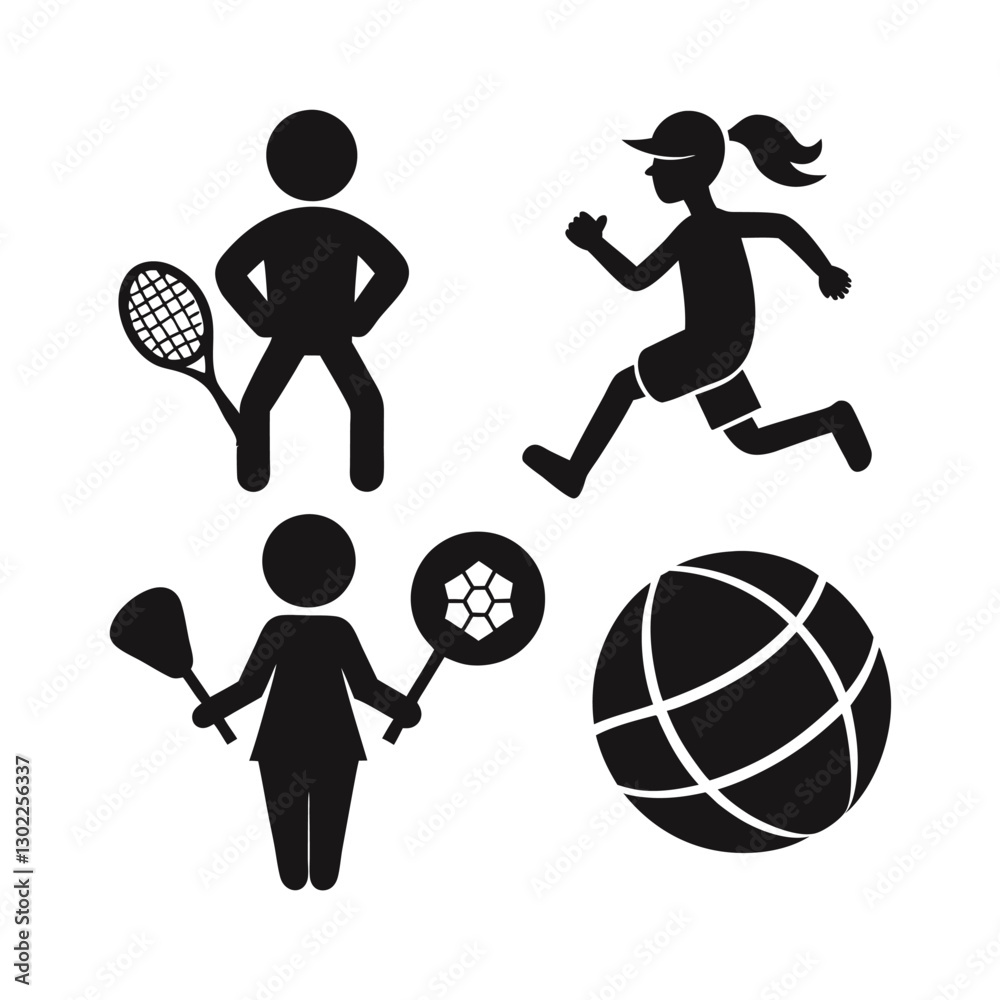 Fototapeta premium Silhouette set of sports icons including tennis player, ball, racket, and action illustrations in vector style