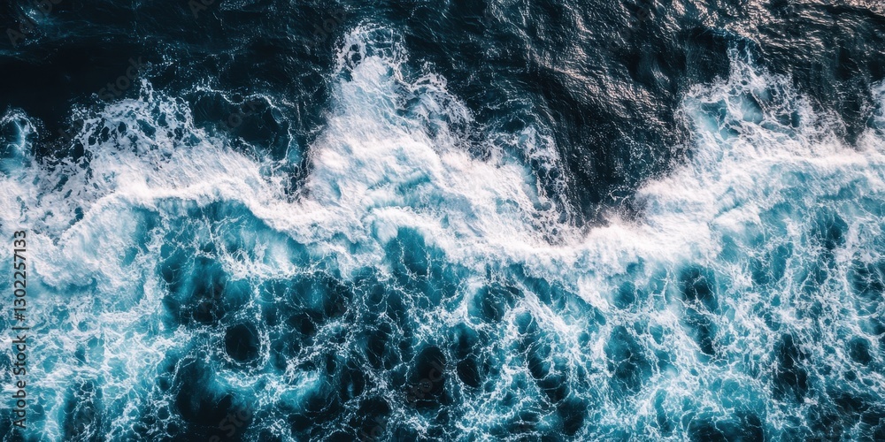 Aerial view showcases a turbulent ocean with crashing white waves Aerial view showcases a turbulent ocean with crashing white waves