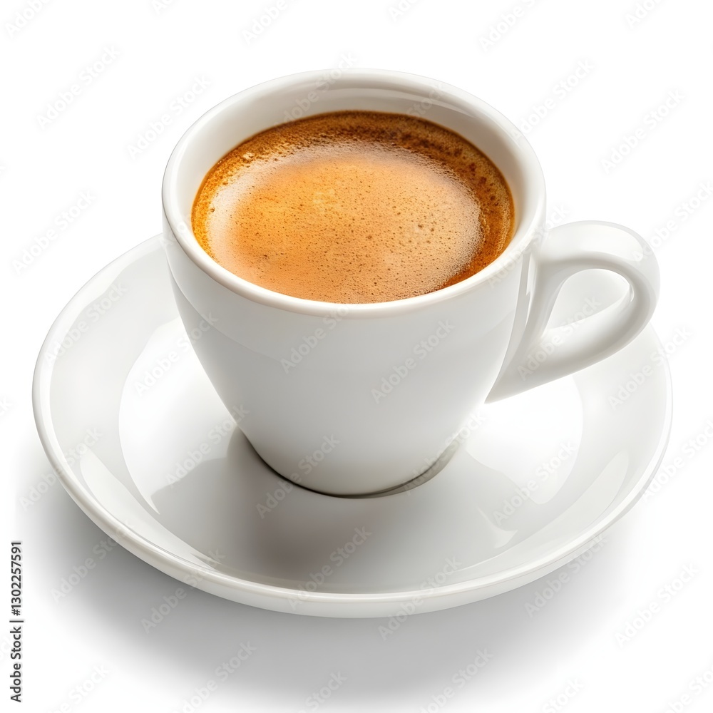 White Ceramic Cup Filled with Rich Coffee on Plain White Saucer, Featuring a Smooth Crema Layer White Ceramic Cup Filled with Rich Coffee on Plain White Saucer, Featuring a Smooth Crema Layer