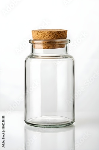 Clear Glass Jar with Cork Lid on Reflective Surface
