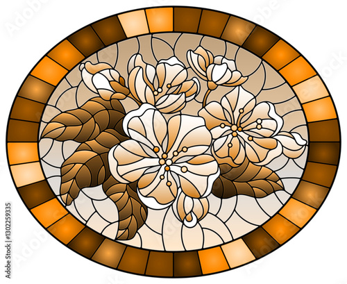 Illustration in stained glass style with a branch of cherry blossoms, flowers, buds and leaves on a sky background,tone brown