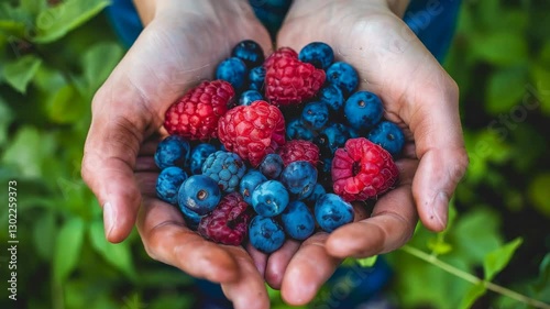Fresh Berries in Hands Surrounded by Green Foliage Close-Up