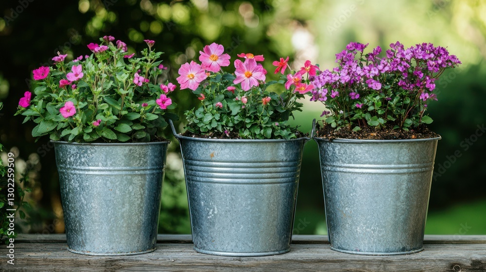 Obraz premium Three metal buckets of varying sizes, filled with soil, flowers, and water.