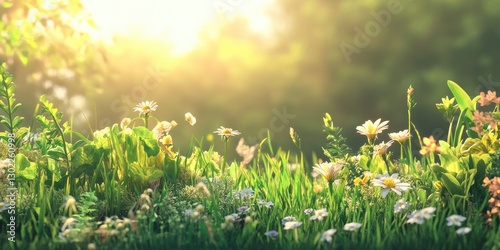 Lush meadow with daisies glows in warm golden sunlight