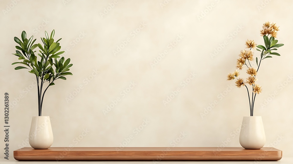 Minimalist Greenery and Dried Flowers on Wooden Shelf: 3D Render AI Generated Minimalist Greenery and Dried Flowers on Wooden Shelf: 3D Render AI Generated