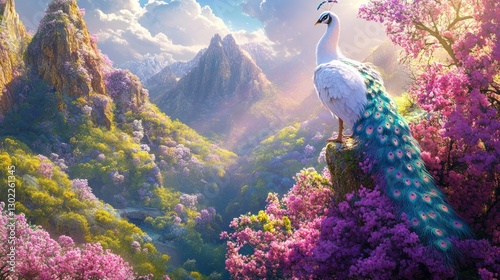 Majestic white peacock perched on a mountaintop amidst blooming cherry blossoms and a scenic valley.