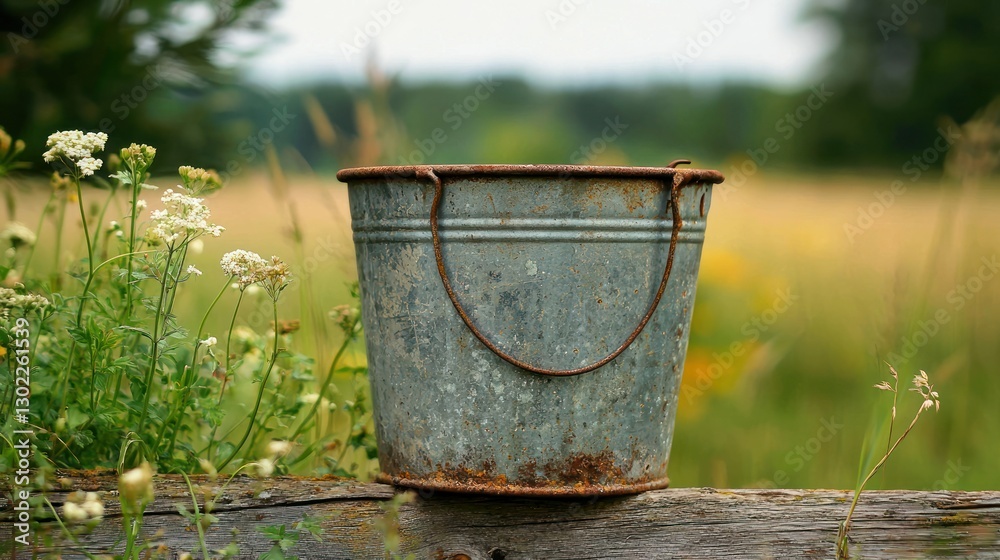 A simple metal bucket with rusted edges, sitting on a farmyard fence. A simple metal bucket with rusted edges, sitting on a farmyard fence.