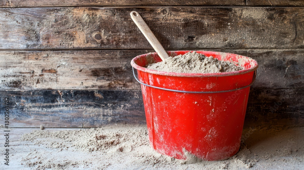A bright red sand bucket filled with sand and a small shovel sticking out. A bright red sand bucket filled with sand and a small shovel sticking out.