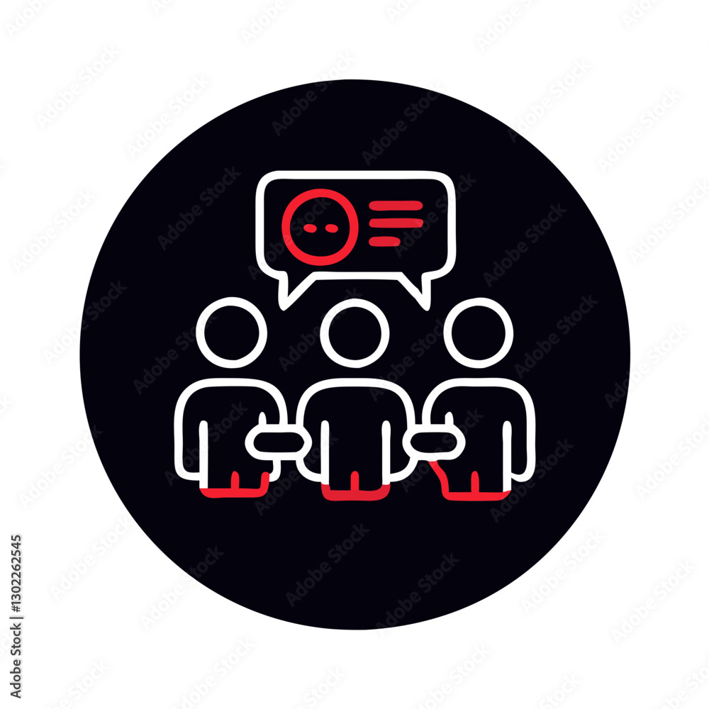 Three people discussing ideas with speech bubble graphic Three people discussing ideas with speech bubble graphic