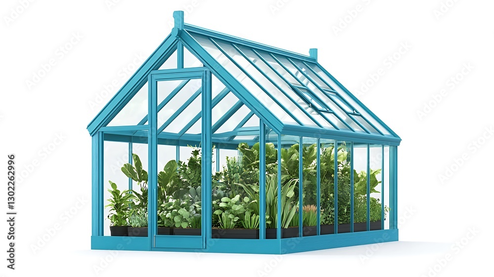 Obraz premium Teal Greenhouse 3D Render: Lush Indoor Plants Thriving AI Generated