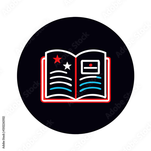Open book with illustrations on a black background