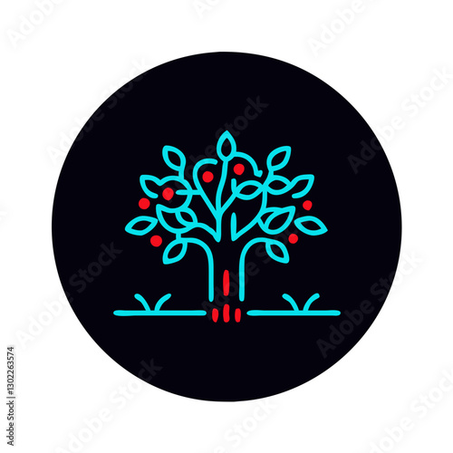 Stylized tree illustration with red apples on a black background