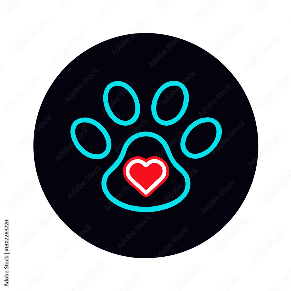 Paw print with heart symbol on black background Paw print with heart symbol on black background