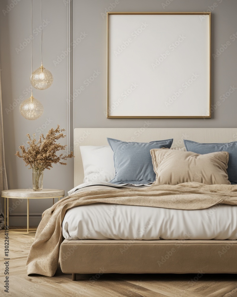 Fototapeta premium Modern bedroom interior with beige bedding, large empty frame above bed, and side table.