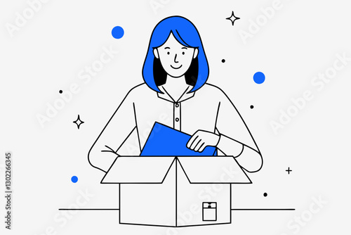 Woman unboxing a blue folder in a minimalist background