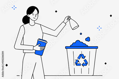 Woman recycling waste into bin on simple background