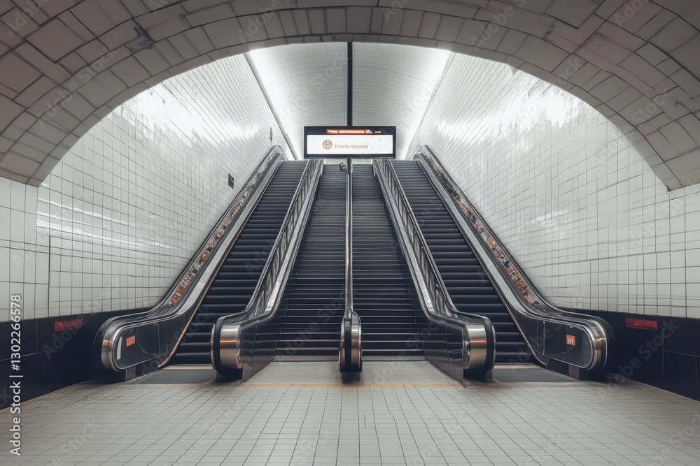 Obraz premium urban underground transit station with three large blank advertising billboards mounted on white-tiled wall along escalator, perfect for brand mockup in minimalist public space