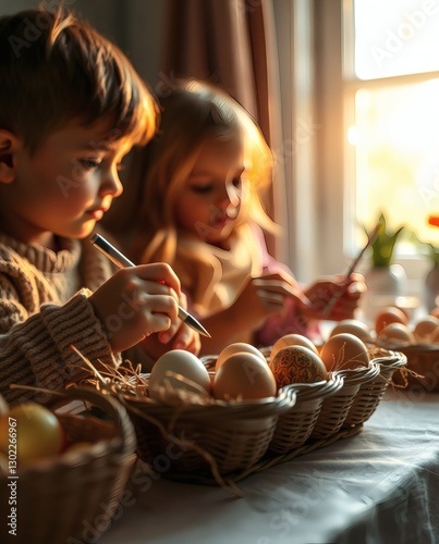 Two young children are painting easter eggs indoors near a window on a table with baskets of eggs. The warm sunlight bathes the scene in a cozy glow photo