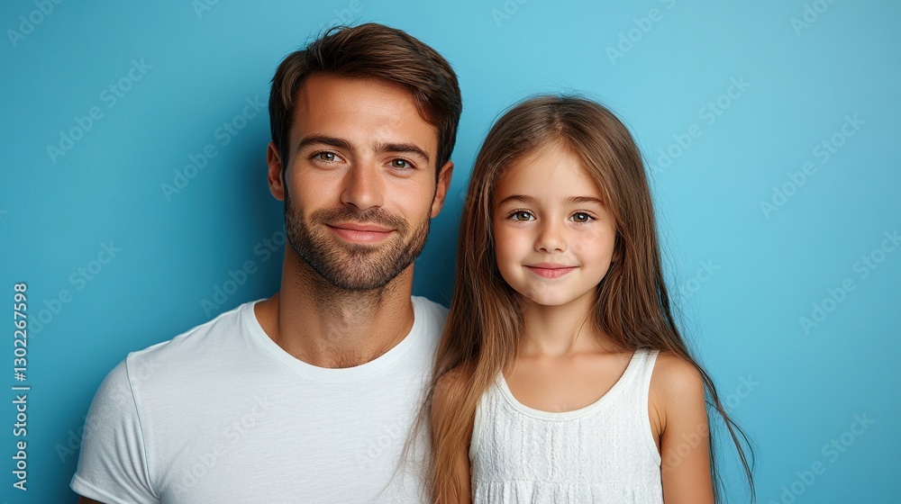 Father and daughter portrait against a solid blue backdrop Father and daughter portrait against a solid blue backdrop