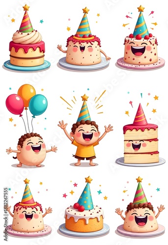 set bundling cartoon character birthday party in vector animation style