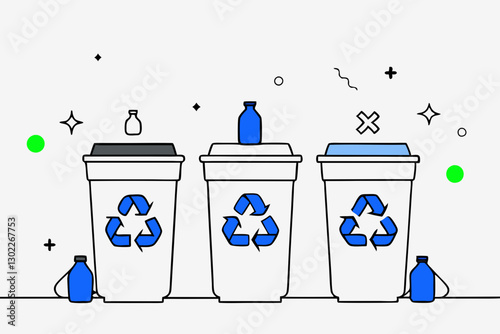 Recycling bins with bottles and stylish design on grey background