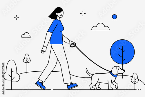 Modern flat-style illustration of a woman walking a dog outdoors with clouds and trees, symbolizing pet care, outdoor activity, and daily routine
