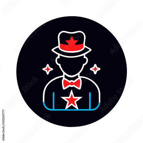 Magician in hat performing magic tricks against a black background