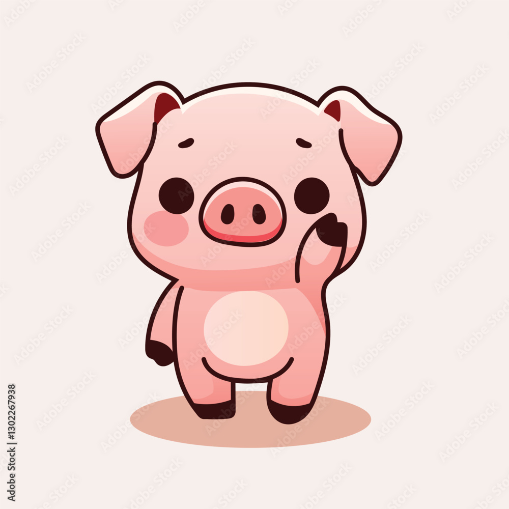 Naklejka premium Cute Kawaii Cartoon Pig Illustration Waving Gesture With cute expression with blushing face