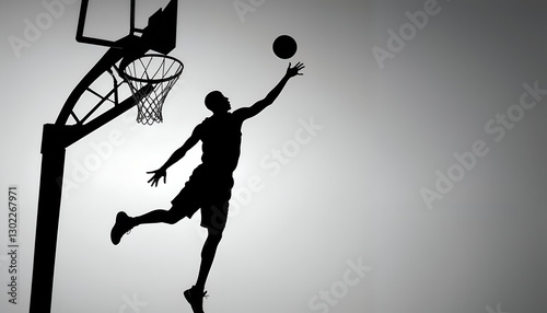 Silhouette of a Basketball Player Jumping for a Layup - Dynamic Sports Action Shot. 