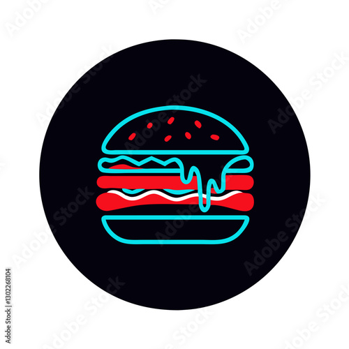 Neon burger illustration with melted cheese on black background